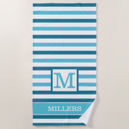 Monogramm Familienname Aqua Blau und Weiß Streifen Strandtuch