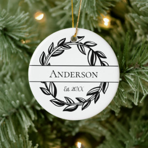 Monogramm Familienname Blatt Kranz Weihnachten Keramik Ornament