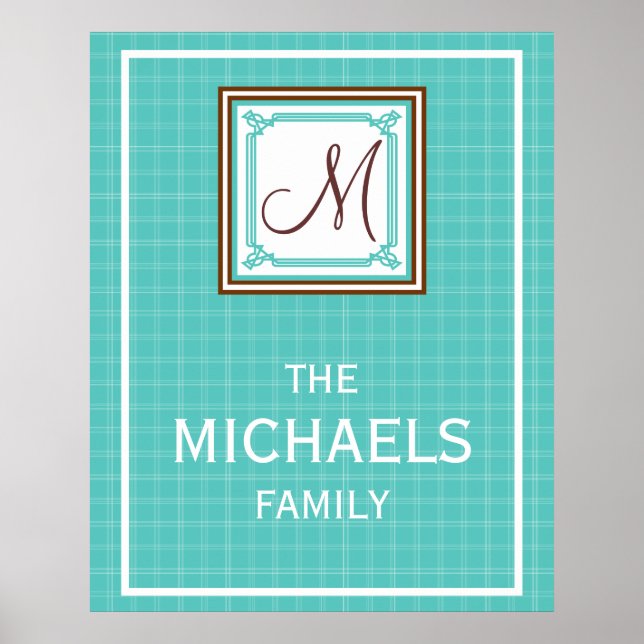 Monogramm-Familienposter - Aqua-Karo Poster (Vorne)