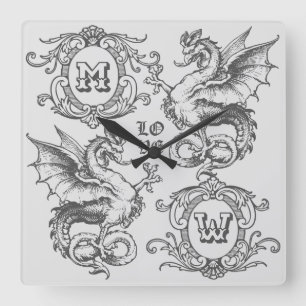 Monogramm Fantasy Mittelalterlicher Drachenrahmen  Quadratische Wanduhr