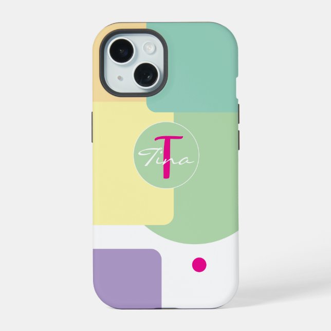 Monogramm farbenfroher Farbblock grün Pink iPhone 15 Hülle (Rückseite)