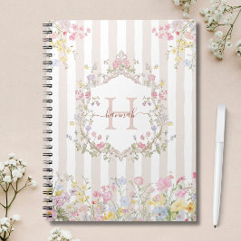 Monogramm Farbige Blumen im Rokoko-Stil Streifen Notizblock
