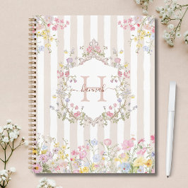 Monogramm Farbige Blumen im Rokoko-Stil Streifen Notizbuch
