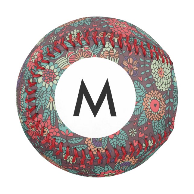 Monogramm Farbige Blumenelemente im Cartoon-Stil Baseball (Vorderseite Links)