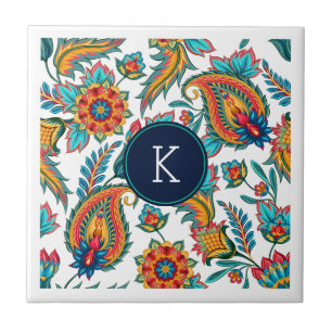 Monogramm Farbige Vintage-Blumen-Paisley Fliese