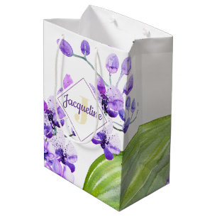 Monogramm Farbige Wasserfarbe Orchideen-Design Mittlere Geschenktüte