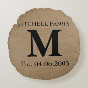 Monogramm Faux Leinen Jute rustikale Anfangsbuchst Rundes Kissen