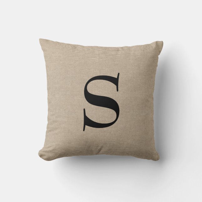 Monogramm-Faux-Leinen-Jute rustikaler Chic Anfangs Kissen (Vorderseite)