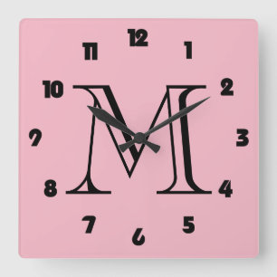 Monogramm Fett schwarze Zahlen an der rosa Wall-Uh Quadratische Wanduhr
