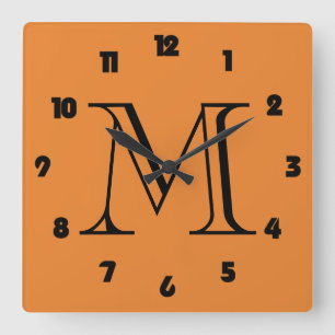 Monogramm Fett schwarze Zahlen auf Orangenwccle Quadratische Wanduhr