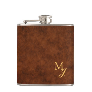 Monogramm-Flasche aus braunem Kunstleder Flachmann