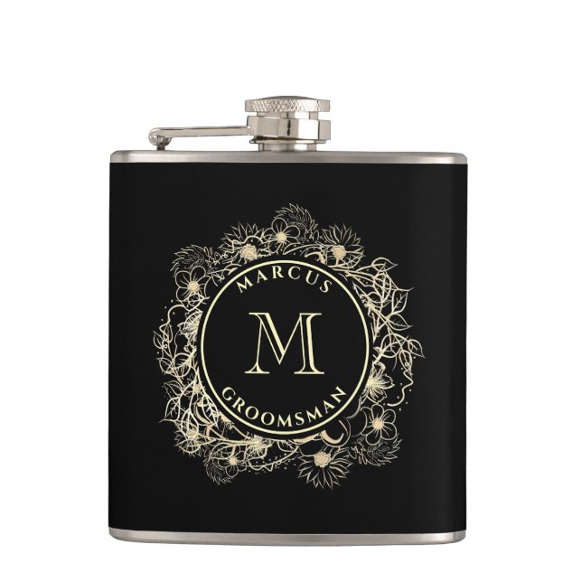 Monogramm-Flasche für den Black-Gold-Trauzeuge Flachmann (Vorderseite)