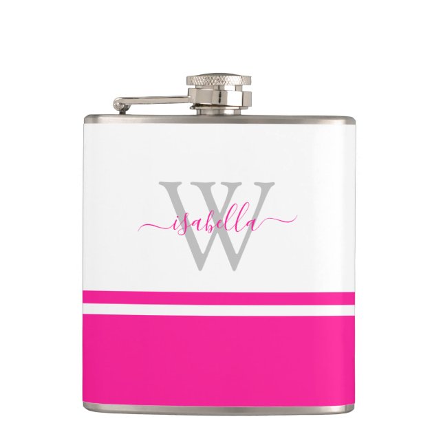 Monogramm Flasche mit rosa Schriftzug Flachmann (Vorderseite)