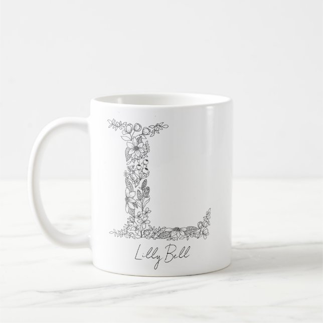 Monogramm Floral Botanischer Schwarz-weißer Brief  Kaffeetasse (Links)