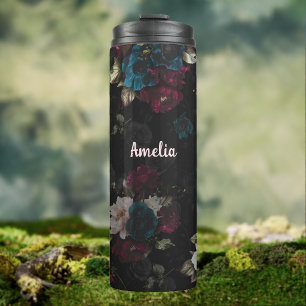 Monogramm Floral Dunkles Türkisrotes Blühen Thermosbecher