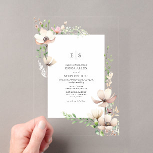 Monogramm Floral Errötend Weiß Botanische Hochzeit Acryleinladungen