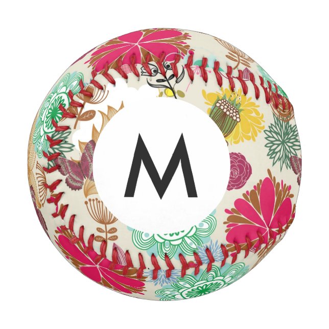 Monogramm Floral im Retro-Stil Baseball (Vorderseite Links)