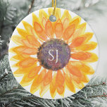 Monogramm Floral Keramik Ornament<br><div class="desc">Dieses einzigartige Sake-Ornament ist mit einer gelben Aquarellsonnenblume und stilvoller Typografie dekoriert. Einfach anpassbar. Original Wasserfarbe © Michele Davies.</div>