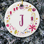 Monogramm Floral Keramik Ornament<br><div class="desc">Hübsche Aquarellfarben-Blume umschließen ein Monogramm-Initial,  das auf Personalisierung umgestellt werden kann.</div>