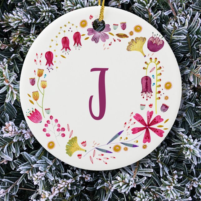 Monogramm Floral Keramik Ornament (Modern monogram initial watercolor wildflower wreath)