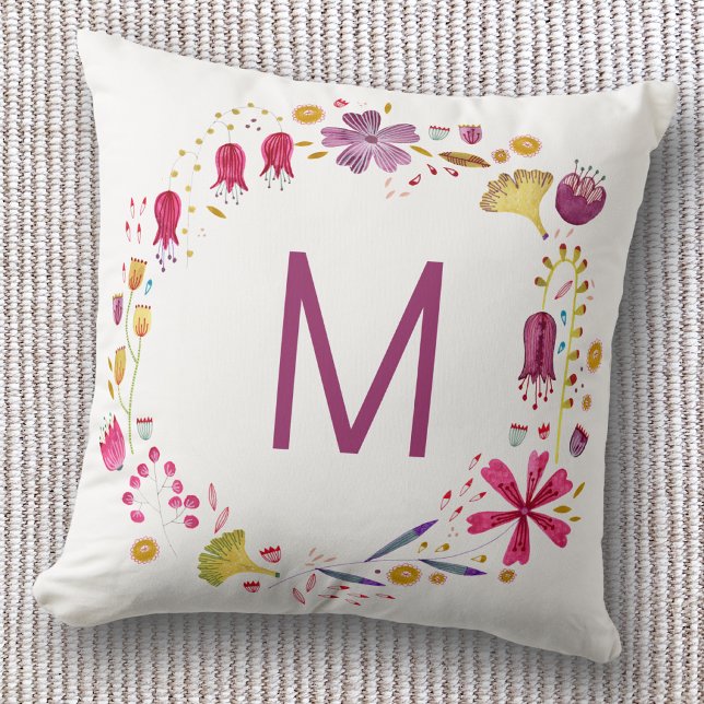 Monogramm Floral Kissen (Monogram initial personalized watercolor wildflower throw pillow)