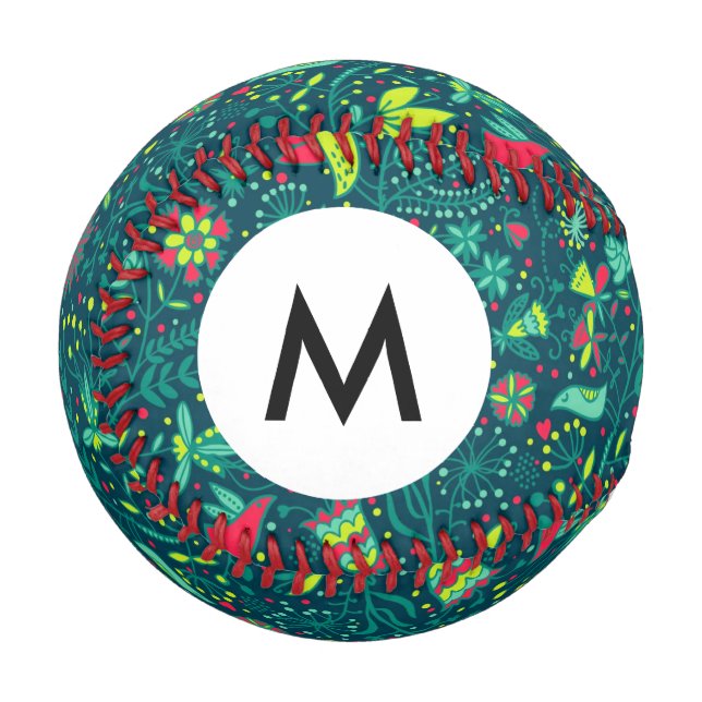 Monogramm Floral mit Cartoon Baseball (Vorderseite Links)