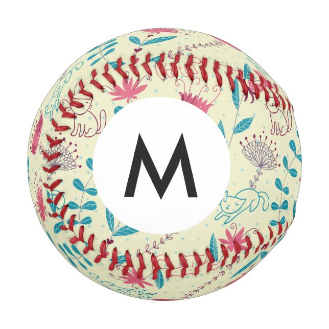 Monogramm Floral mit Cartoon Katzen Baseball (Vorderseite Links)
