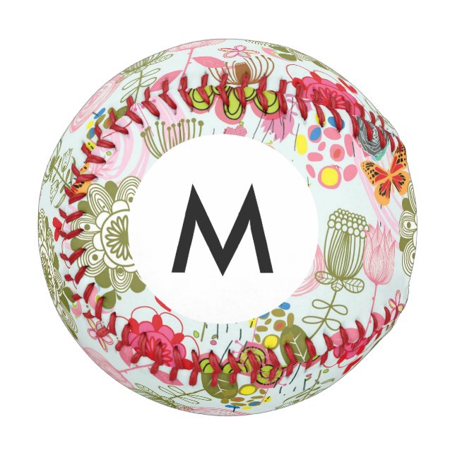 Monogramm Floral Muster im Retrostil 2 Baseball (Vorderseite Links)