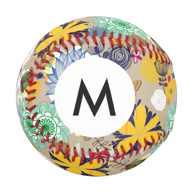 Monogramm Floral Muster im Retrostil 3 Baseball (Vorderseite Links)