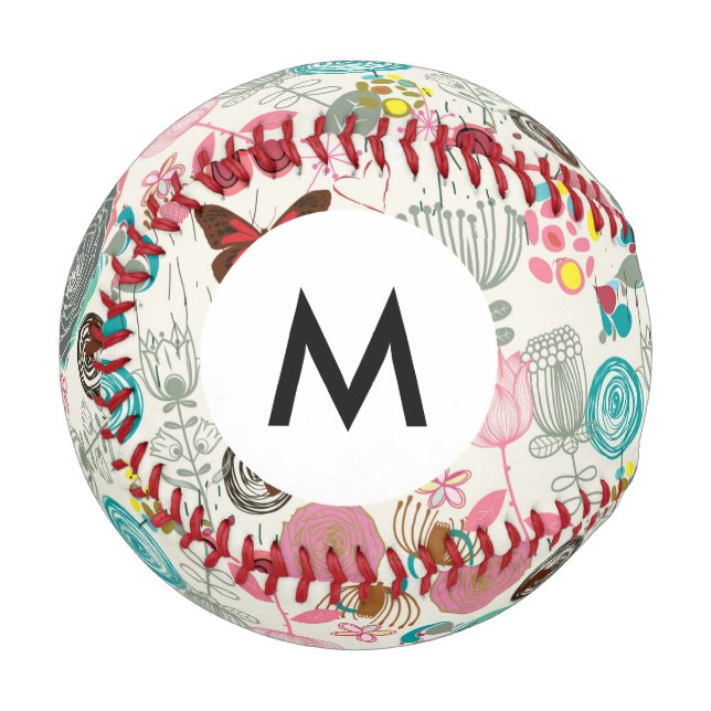 Monogramm Floral Muster im Retrostil 5 Baseball (Vorderseite Links)