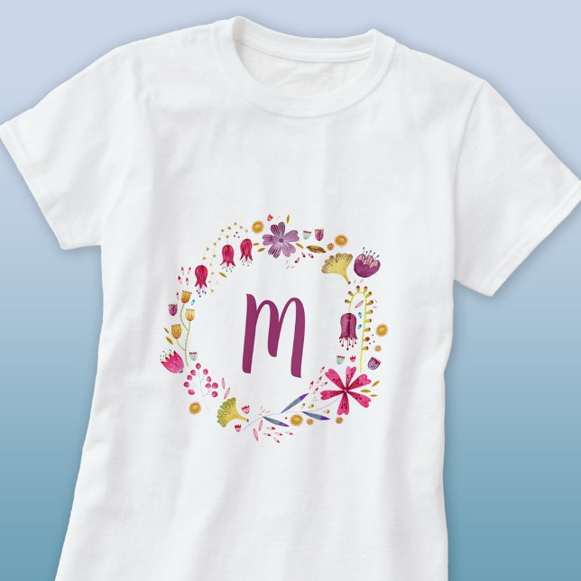Monogramm Floral T-Shirt (Watercolor floral circle modern monogram initial personalized t-shirt)