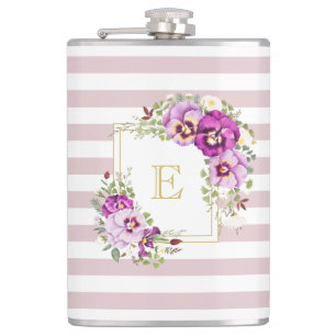Monogramm Floral Vintage Stiefmütterchen Lila Stre Flachmann