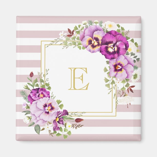 Monogramm Floral Vintage Stiefmütterchen Lila Stre Magnet (Vorne)