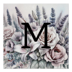 Monogramm floral zeichnend Rose Lavendellilie Poster