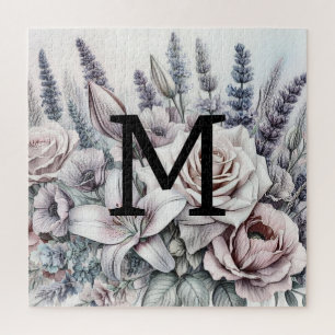 Monogramm floral zeichnend Rose Lavendellilie Puzzle