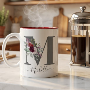 Monogramm Florale Anfangsbuchstabe Name Zweifarbige Tasse