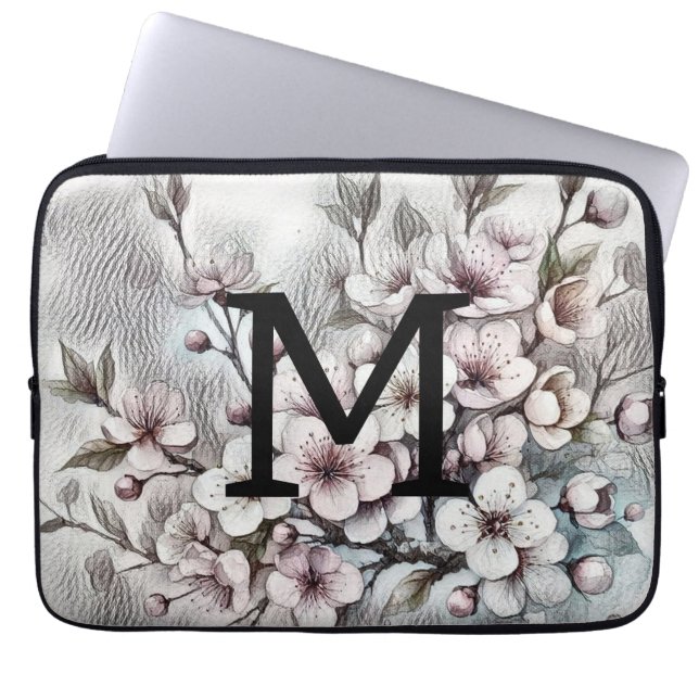 Monogramm florale zeichnend Rosa Kirschblüte Laptopschutzhülle (Vorderseite)