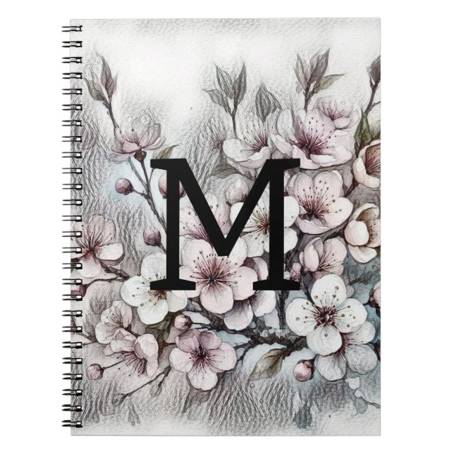 Monogramm florale zeichnend Rosa Kirschblüte Notizblock (Vorderseite)