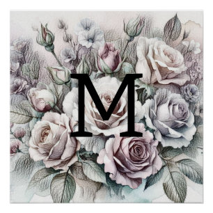 Monogramm florale zeichnend rosa lila blaue Rose Poster