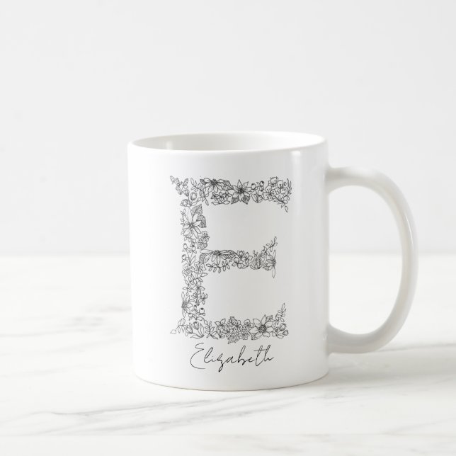 Monogramm floraler botanischer Schwarz-weißer Brie Kaffeetasse (Rechts)