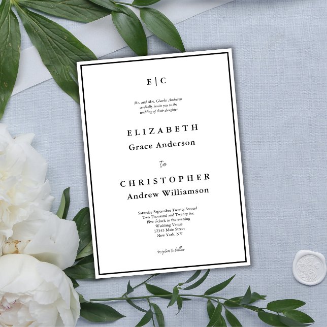 Monogramm Formale Minimalistische Hochzeit Einladung (Elegant Monogram Black White Traditional Wedding Invitation)