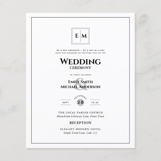 Monogramm formales Hochzeitsweißes All-in-1-Blatt Flyer (Vorne)