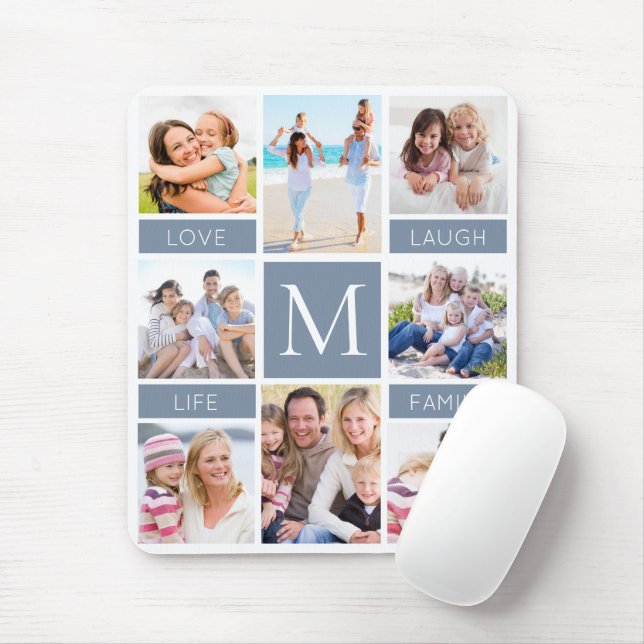 Monogramm Foto Collage Dusty Blue Mousepad (Mit Mouse)