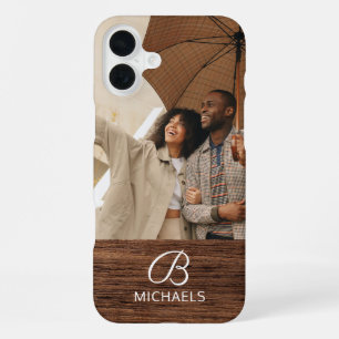 Monogramm Foto Holzmaserung Holz personalisierter iPhone 16 Plus Hülle