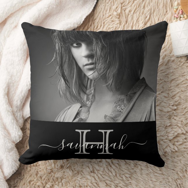 Monogramm-Foto mit Schwarz-weißem Namen Kissen (Decke)