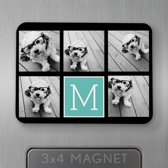 Monogramm-FotoCollage - Bis zu 5 Foto Schwarz Magnet (Personalized fridge magnet - add photos and custom text)