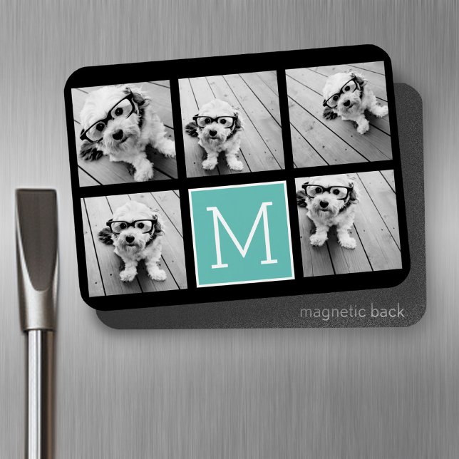 Monogramm-FotoCollage - Bis zu 5 Foto Schwarz Magnet (Personalized fridge magnet - add photos and custom text)