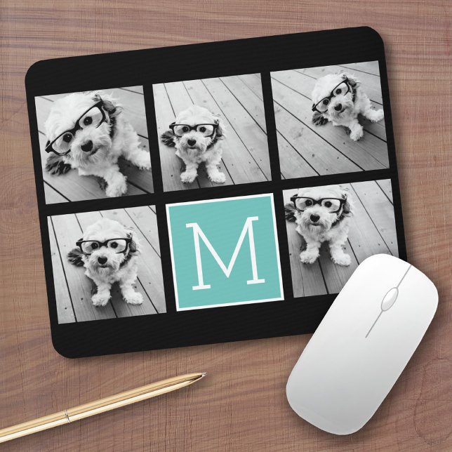 Monogramm-FotoCollage - Bis zu 5 Foto Schwarz Mousepad (Personalized mousepad - Add Photos and Custom Text)