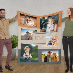 Monogramm-Fotocollage in verbranntem Orange, Beige Fleecedecke