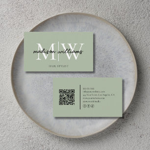 Monogramm Friseur QR Code Salbeigrün Visitenkarte
